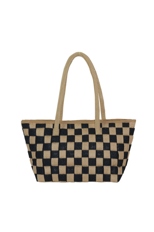 Classic Checkered Handwoven Vegan Jute Handbag in Black