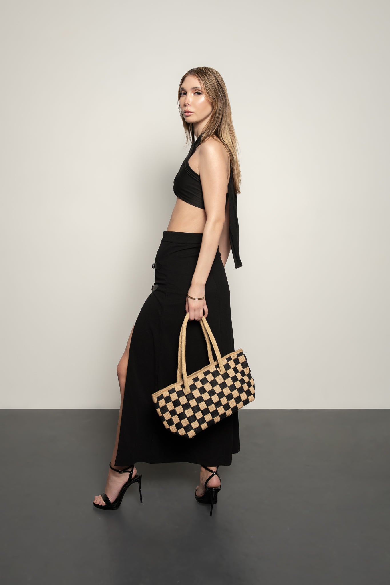 Classic Checkered Handwoven Vegan Jute Handbag in Black