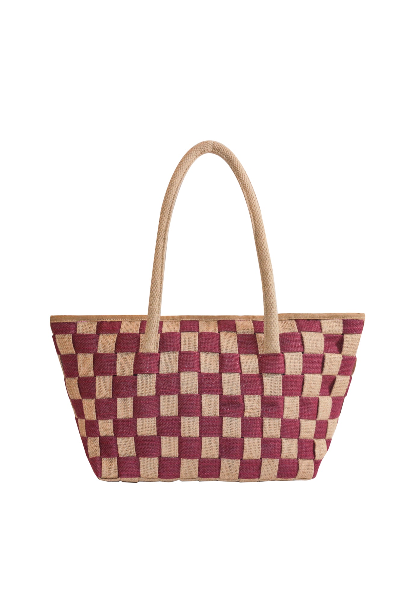 Classic Checkered Handwoven Vegan Jute Handbag in Burgundy