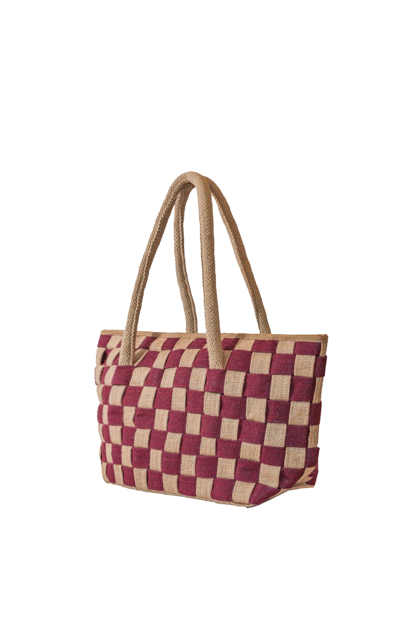 Classic Checkered Handwoven Vegan Jute Handbag in Burgundy