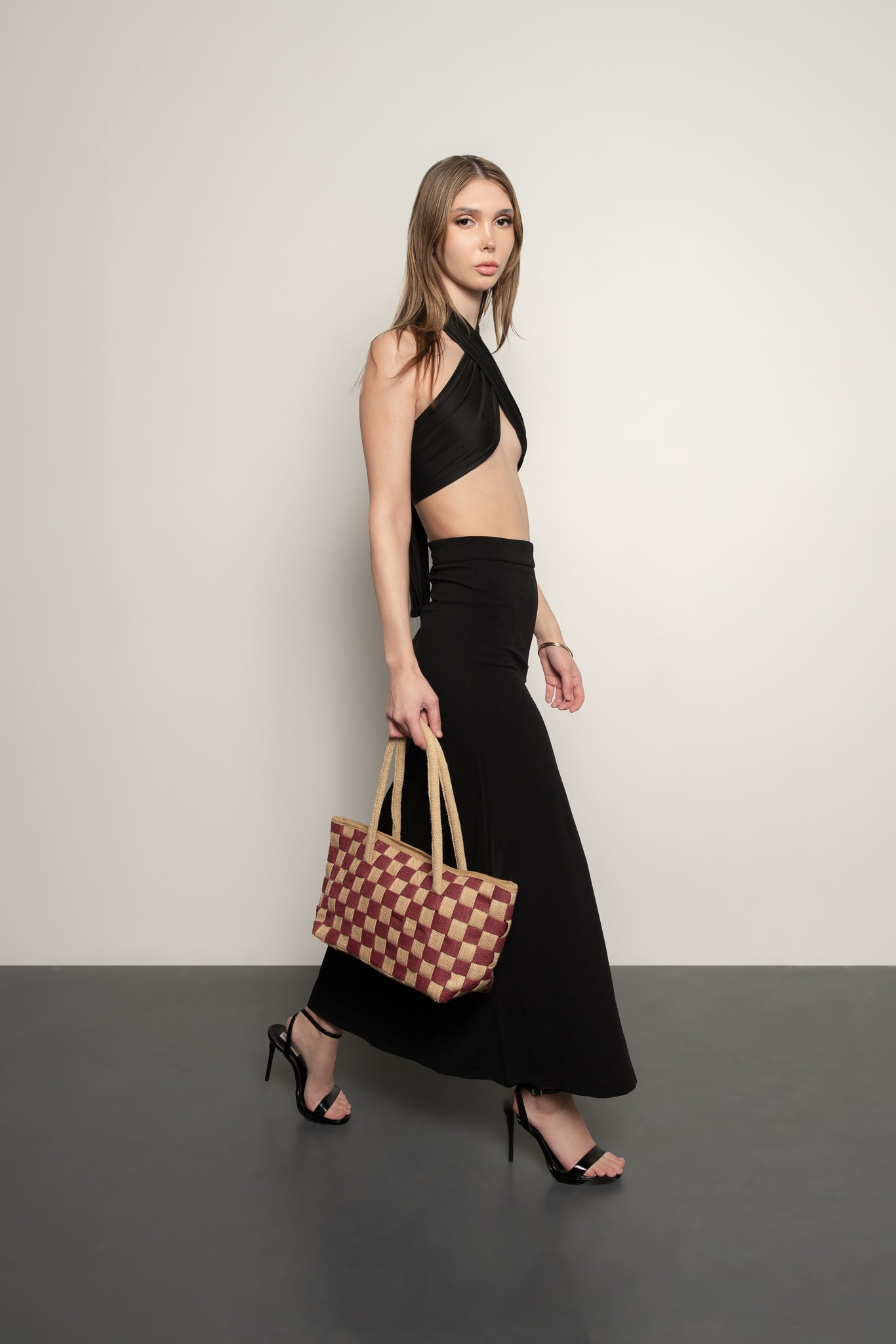 Classic Checkered Handwoven Vegan Jute Handbag in Burgundy