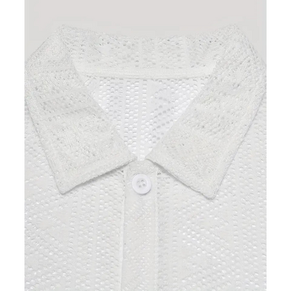 Men's White Crochet Button Up Lace Knit Shirt