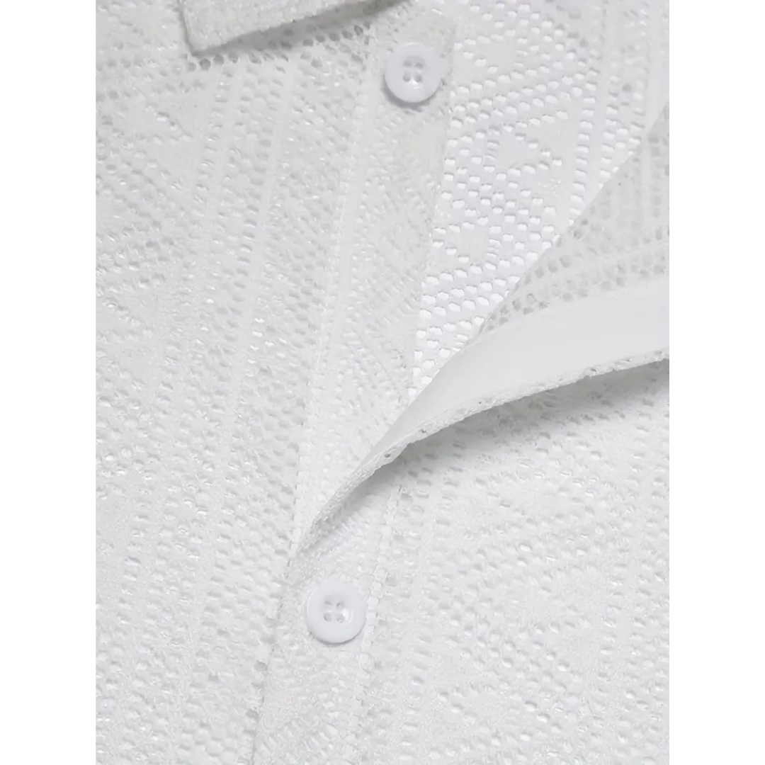 Men's White Crochet Button Up Lace Knit Shirt