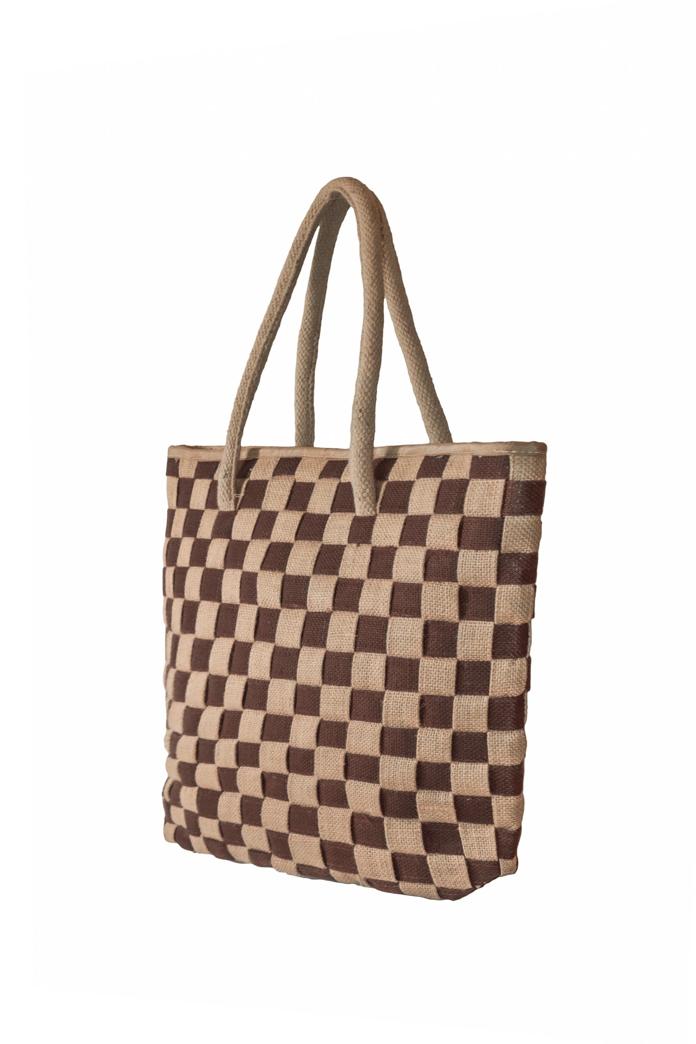 Isabelle LaRue Classic Checkerboard Vegan Jute Tote Bag in Brown