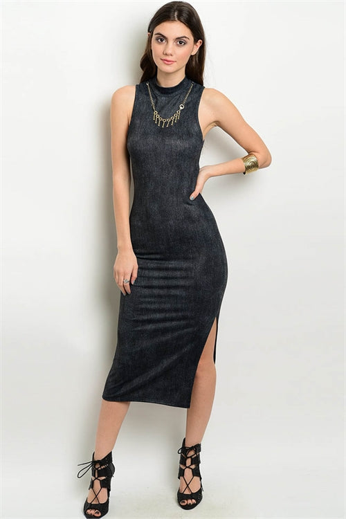 Acid Wash Body Con Dress with High Neck and Side Slit