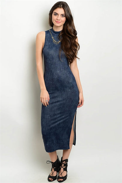 acid wash denim bodycon dress SANTIAGO SCOOP NECK BODYCON ZIPPER BUST WITH SEAM DETAIL DENIM MIDI DRESS