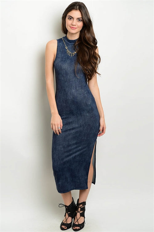 Acid Wash Body Con Dress with High Neck and Side Slit