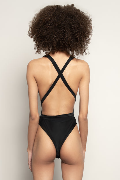 Versatile Black Thong One-Piece Swimsuit
