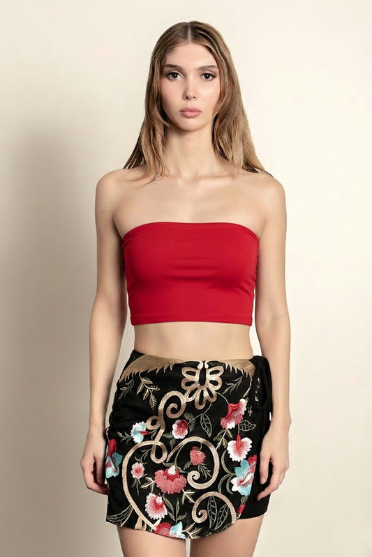 Isabelle LaRue Fleur Embroidered Mini Skirt and Classic Strapless Tube Top in Red - Model Front View